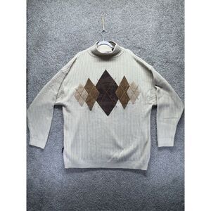Vintage Koman Sport Mens XXL Diamond Sweater Beige Brown‎ Faux Suede Patchwork